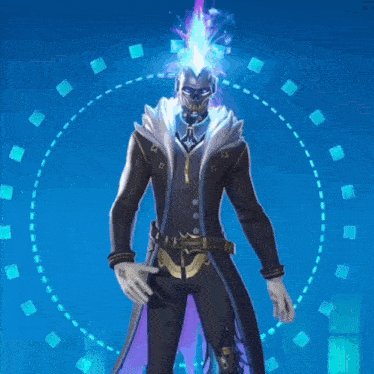 a man with a skull on his head is surrounded by squares