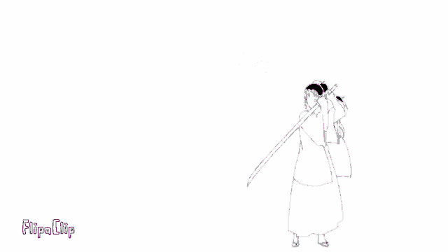 a black and white drawing of a samurai with a sword and a pink flame coming out of his chest .