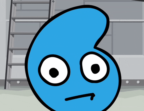 a blue cartoon character with big eyes and a smirk on his face