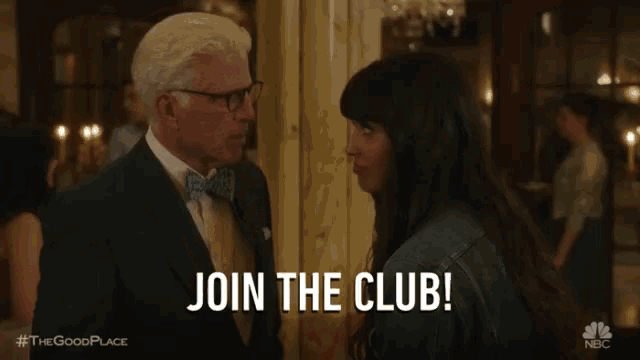 a man and a woman are looking at each other and the man is saying " join the club "