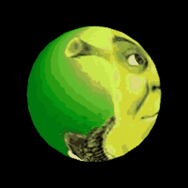 shrek 's face is on a green sphere with a black background
