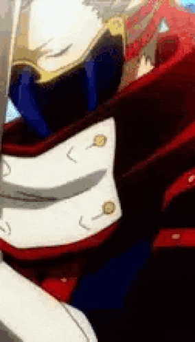 a close up of a person wearing a helmet and holding a sword in a cartoon .