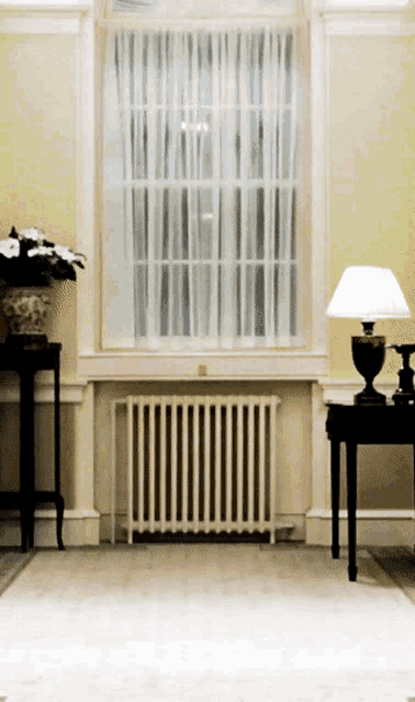 a room with a radiator and two lamps on tables