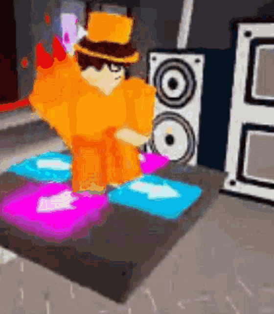 a cartoon character is dancing on a dance mat in a room .