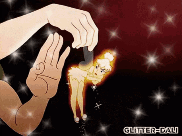 a cartoon of tinkerbell is being held by a hand with the words glitter-dali below her