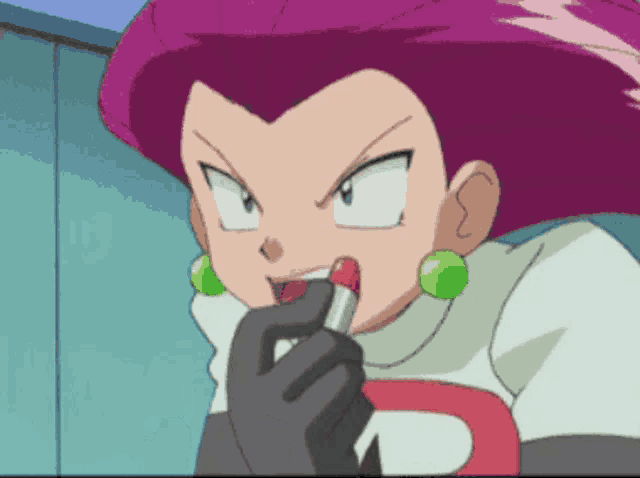 a cartoon character is holding a red lipstick in her hand