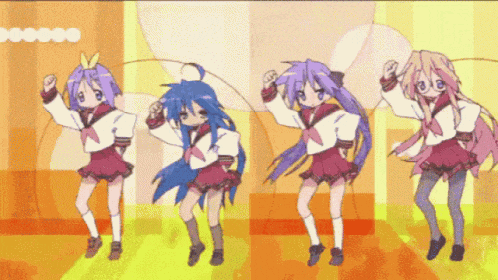 a group of anime girls are dancing together with a yellow background