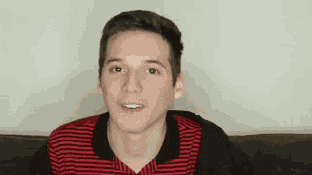 a young man wearing a red and black striped shirt is sitting on a couch and smiling .