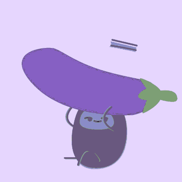 a cartoon drawing of a ninja holding a purple eggplant on his head