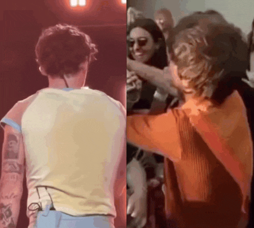 a man in a yellow shirt and a man in an orange shirt are standing next to each other