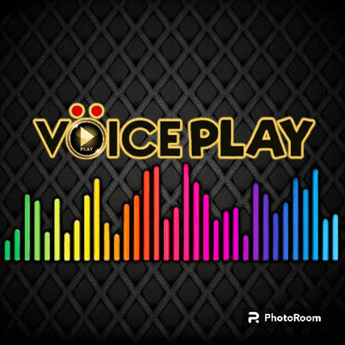 a black background with a rainbow colored sound wave and the words voice play