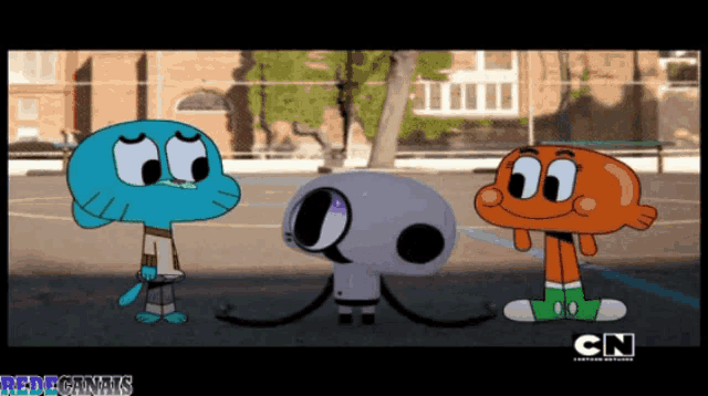 three cartoon characters from the amazing world of gumball are standing next to each other on a basketball court