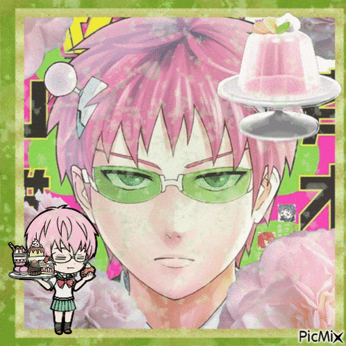 a picture of a girl with pink hair and green glasses holding a tray