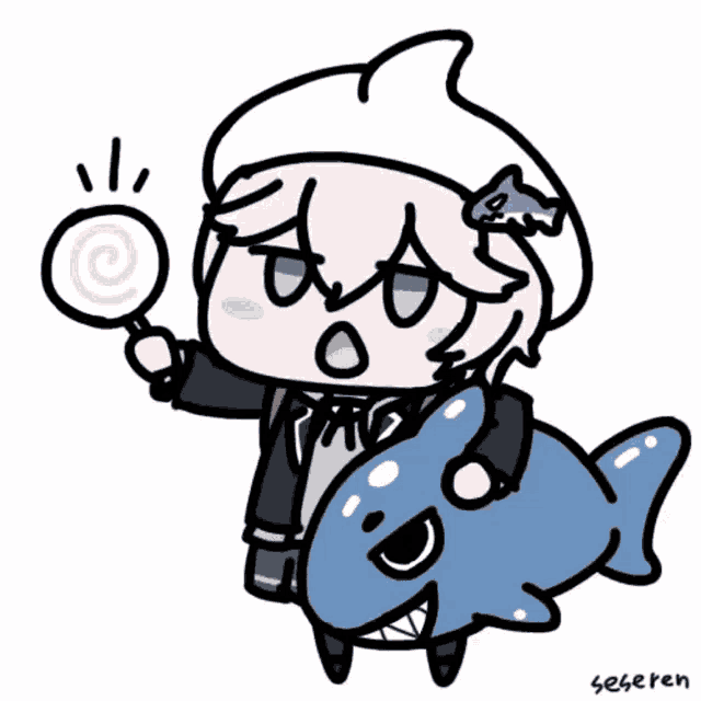 a cartoon of a girl holding a lollipop next to a blue shark .