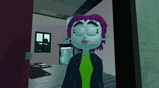 a cartoon character with purple hair and a green shirt