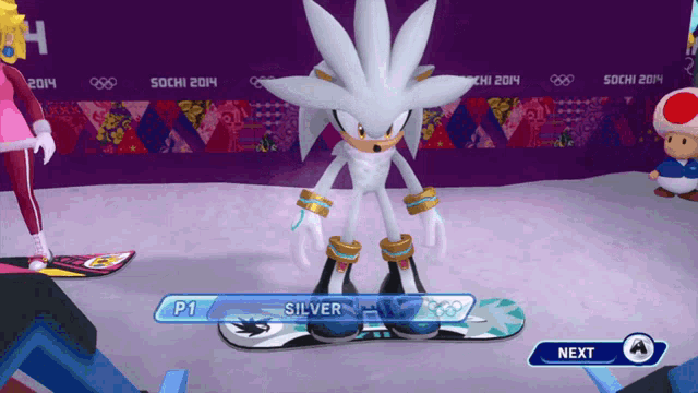 a screenshot of a video game shows a character named silver on a snowboard