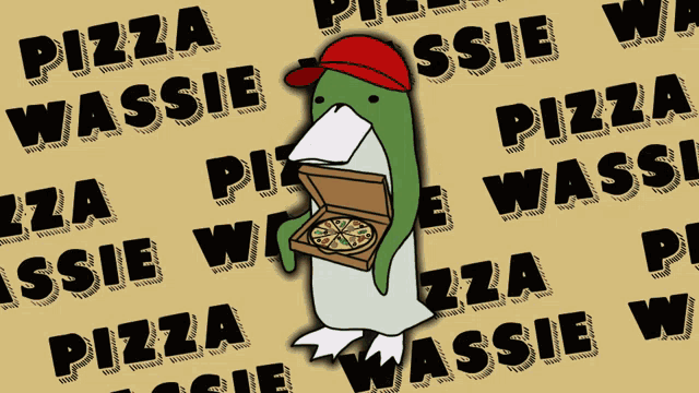 a penguin holding a box of pizza with the words pizza wassie behind it