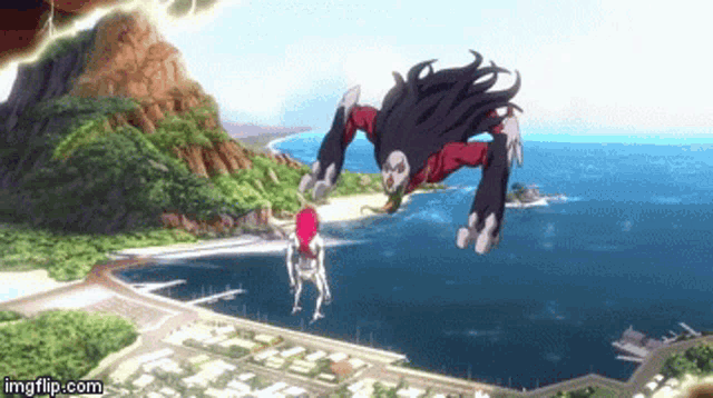 a monster is flying over a body of water with a city in the background