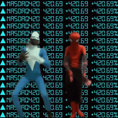 a man in a blue suit and a man in a red suit are dancing in front of a screen that says nasdaq420 on it
