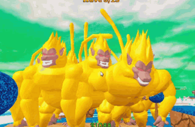 a group of yellow monkeys are standing next to each other in a video game with a score of $ 1000