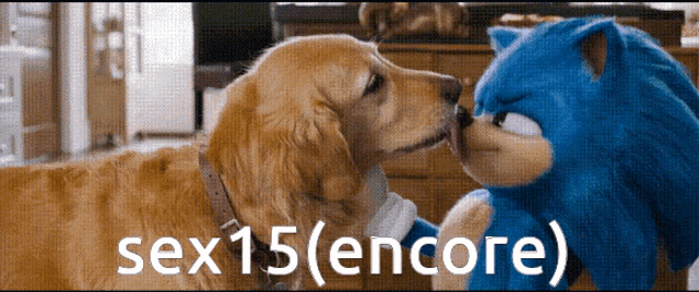 a dog kissing a stuffed animal that says sex 15 ( encore ) on it