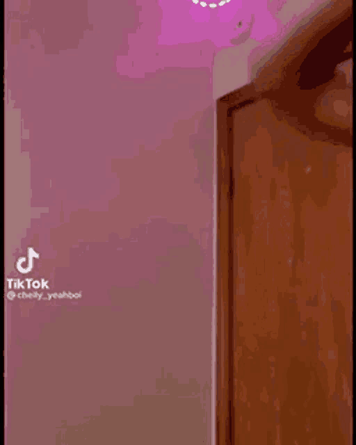 a person is standing in front of a door in a room with a pink wall .