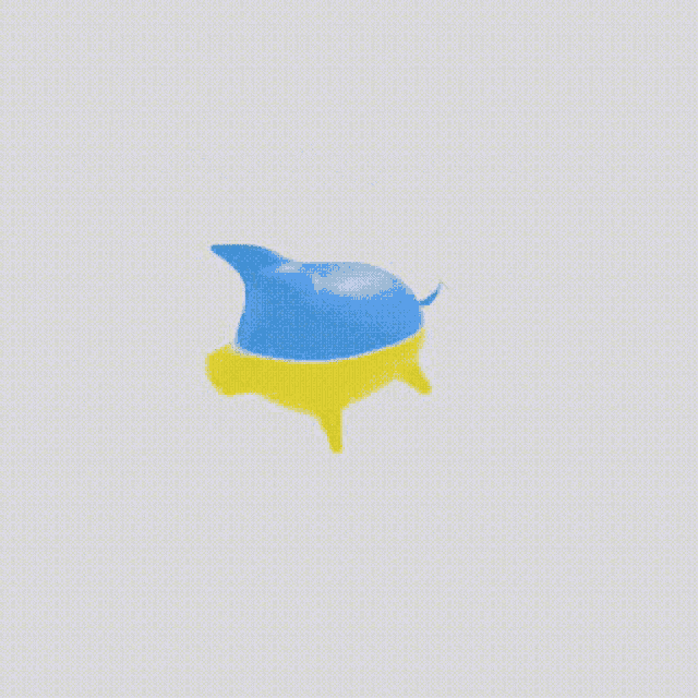 a yellow and blue piggy bank with a shark 's head on it is floating in the air .