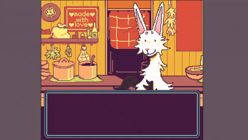 a pixel art drawing of a rabbit standing in front of a sign that says " made with love "