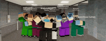 a group of people are standing in a hallway and one of them is wearing a face mask