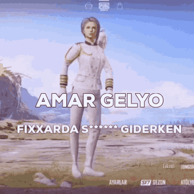 a woman in a white uniform is standing in a field with the words amar gelyo fixxarda s *** giderken