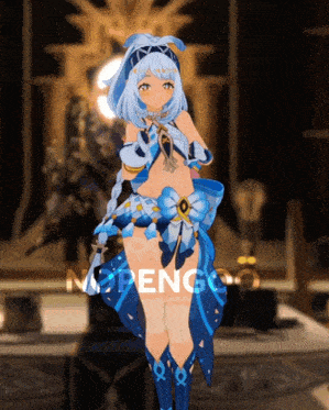 a girl in a blue and white outfit is standing in front of a sign that says nopengoo