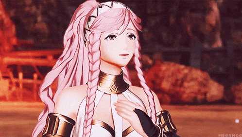 a video game character with pink hair has the hashtag megamog at the bottom of the image