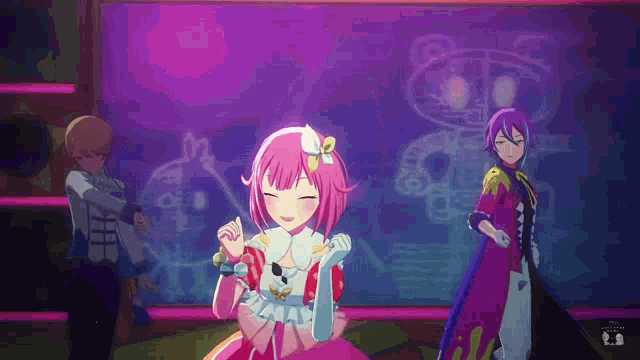 a group of anime characters are standing next to each other in front of a blackboard .