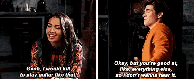 a girl and a boy are talking to each other and the girl is asking the boy if he would kill to play guitar