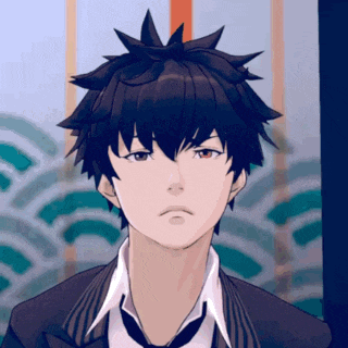 a close up of a person 's face with black hair and red eyes