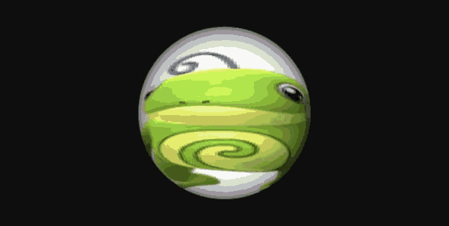 a green and yellow frog is on a white ball on a black background