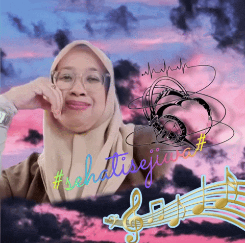 a woman wearing a hijab and glasses is surrounded by music notes