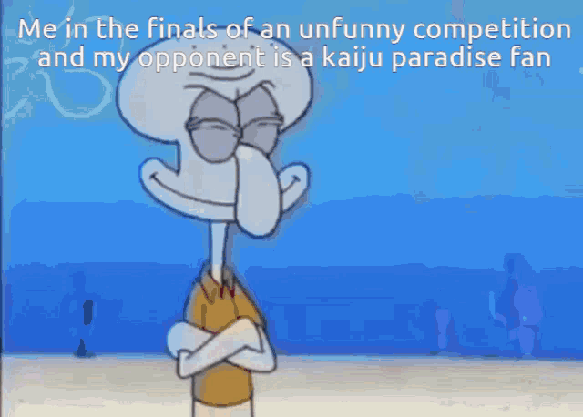 squidward from spongebob squarepants stands with his arms crossed in front of a blue background