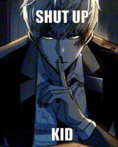a man in a suit is holding his finger to his mouth with the words shut up kid below him .