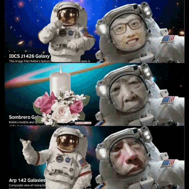 a picture of an astronaut with a candle and flowers