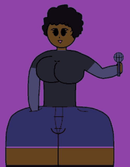 a cartoon character is holding a microphone in her hand