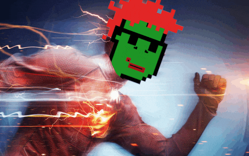 a pixelated image of a man with a green head