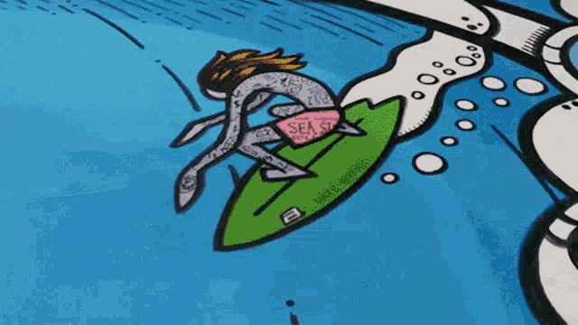 a cartoon drawing of a person riding a wave on a surfboard that says " make happiness "