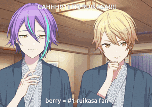 two anime characters standing next to each other with a caption that says " berry # 1 ruikasa fan "