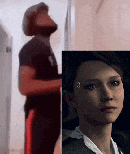 a man and a woman are standing next to each other and the woman has a circle around her eye