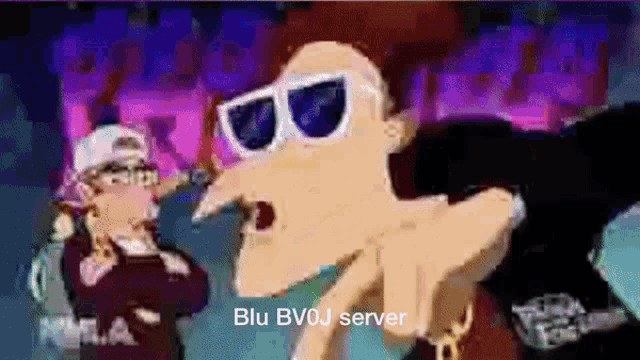a cartoon of a man wearing sunglasses with the words blu bvoj server below him
