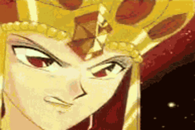 a close up of a cartoon character 's face wearing a gold crown