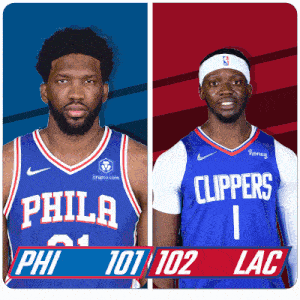 a philadelphia basketball player and a clippers basketball player standing next to each other