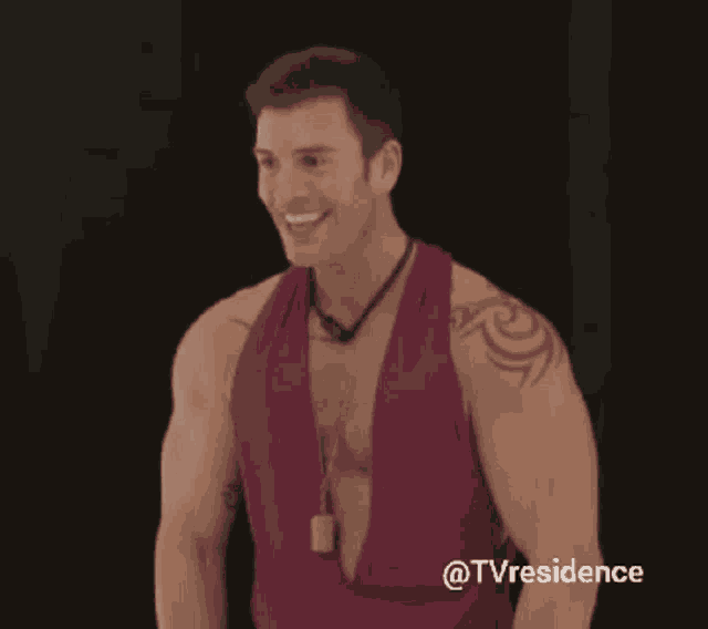 a man with a tattoo on his arm is wearing a purple tank top with the hashtag tvresidence