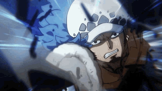 a close up of a cartoon character with a white hat and blue hair